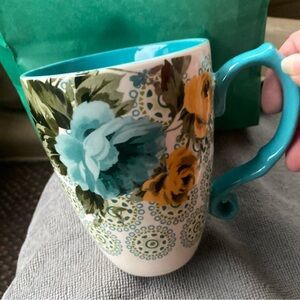 PIONEER WOMAN “24oz Jumbo Coffee Mug” Rose Shadow Linen Teal Cream Porcelain NEW